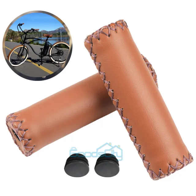 BROWN  Bike Bicycle Handlebar Leather Like Grip Grips Beach Cruiser (One Pair)