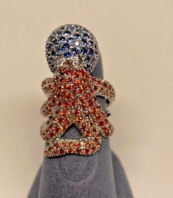 18K White Gold Octopus Ring With Diamonds, Blue Sapphire, Orange Sapphire, Size7