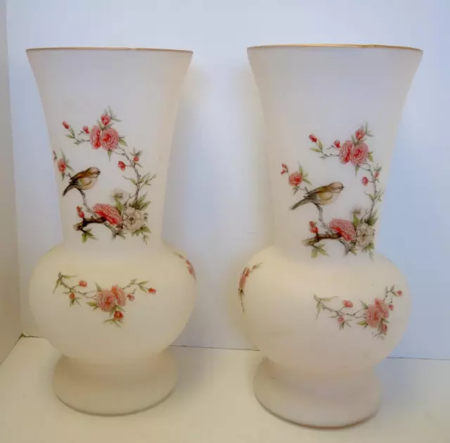 Pair of Victorian 14" Tall Satin Glass Vases - Birds and Flowers