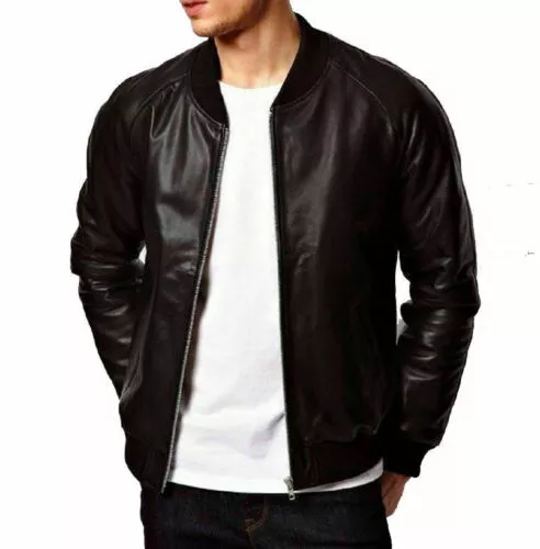 Mens Genuine Black Lambskin Leather BIKER Jacket Slim Fit MOTORCYCLE Bomber Coat