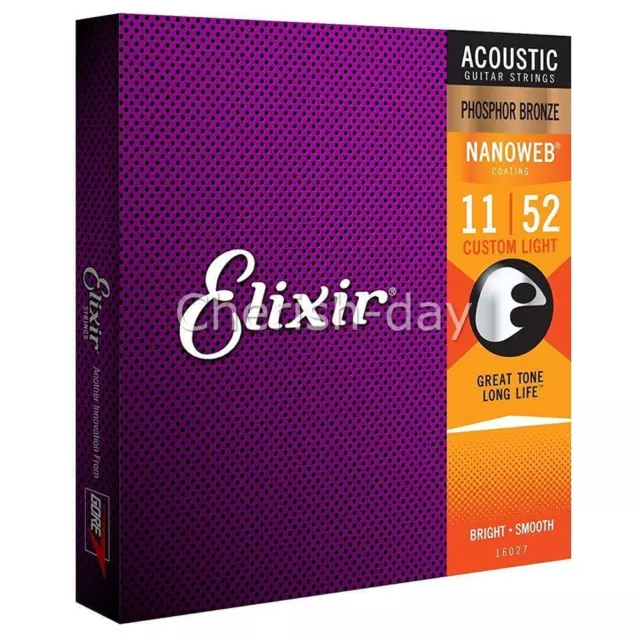 Elixir Nanoweb 11-52 Phosphor Bronze Acoustic GUITAR STRINGS Custom Light 16027& 2