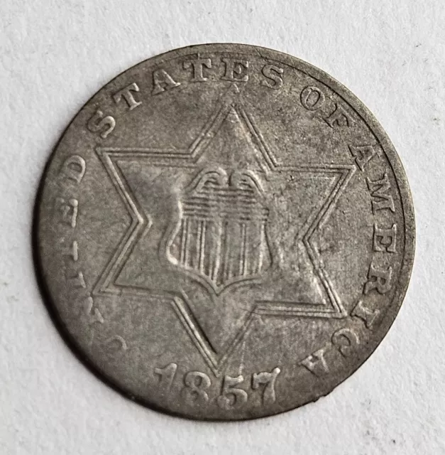 1857 Three 3 Cent Silver Fine F Or VF Very Fine Trime 3cs Problem Free 3