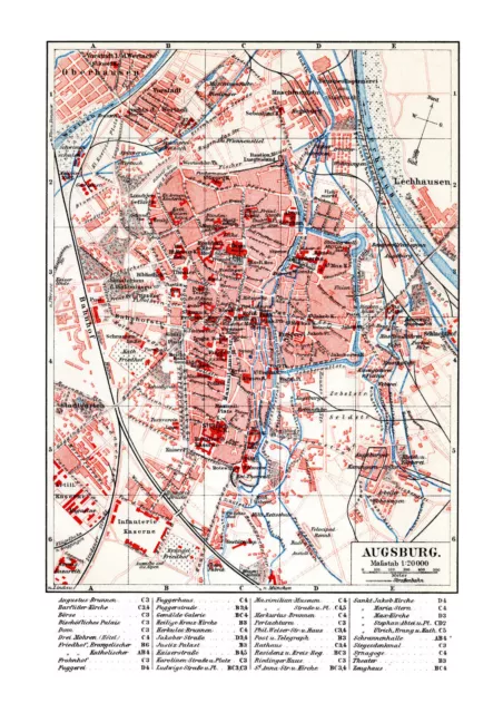 Augsburg historischer Stadtplan Karte Lithographie ca. 1902 antike Stadtkarte