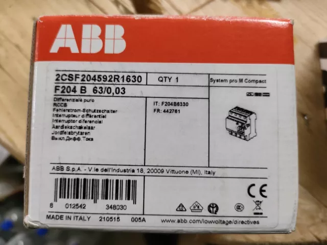 Abb F204B6330 Interruttore Differenziale Puro Classe B 4 Poli 63A 30Ma Nuovo