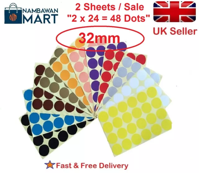 48 x 32mm Colour Dot Round Stickers Sticky Adhesive Spot Circle Paper Label DS32