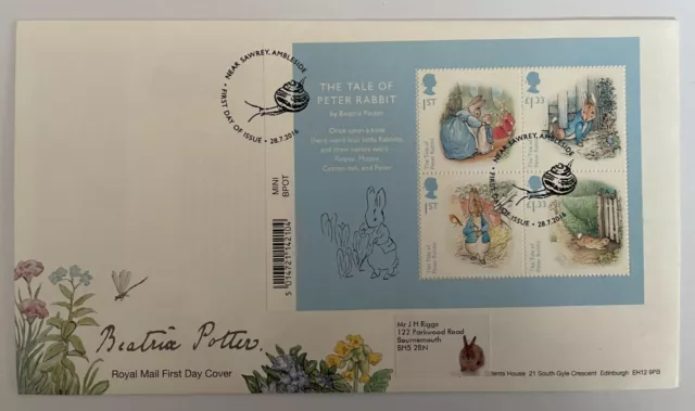 G.B. 2016 Beatrix Potter M/S on Royal Mail First Day Cover, Sawrey Ambleside FDC