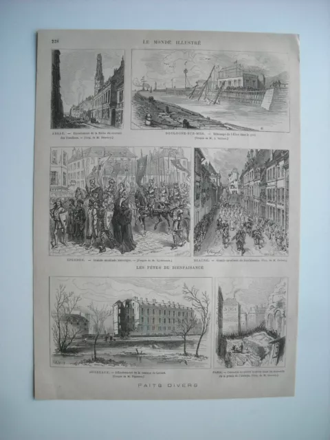 1876 Engraving. Arras. Boulogne Sur Mer. Epernon. Bordeaux. Paris. Beaune.