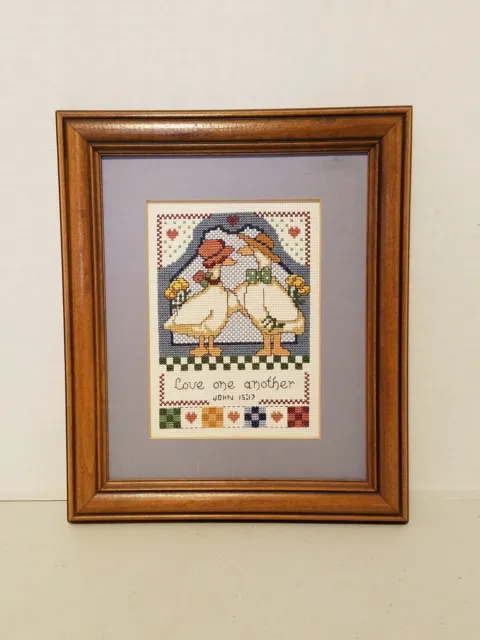 Vintage Cross Stitch Embroidery Framed Art "Love One Another ~ John 15:17"