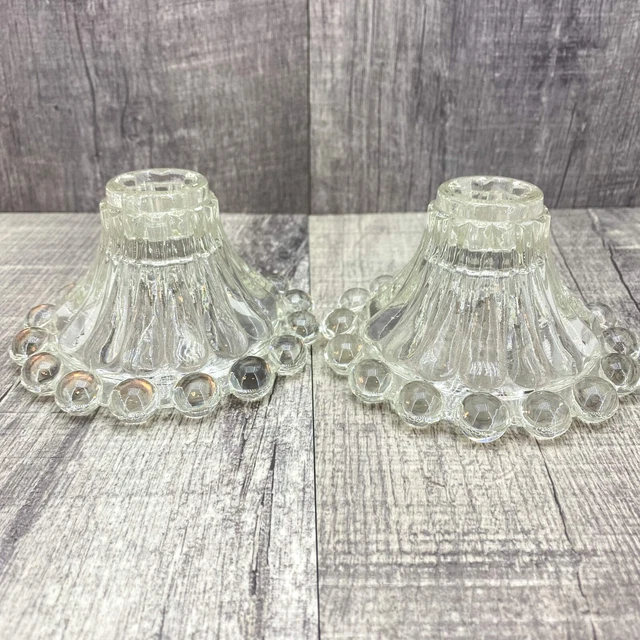 VINTAGE CLEAR GLASS Boopie Bubble Taper Candlestick Candle Holders Set