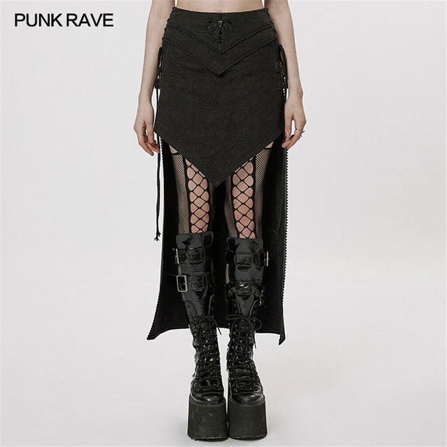 Punk Rave Women Black Gothic Punk Jacquard Skirt Lace Vintage Slit Skirt