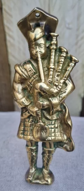 Vintage Solid Brass Door Knocker Scottish Bagpipe Player with Strike Plate