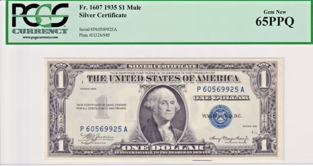 1935 $1 Silver Certificate *MULE* PA Block PCGS Gem New 65PPQ #P60569925A