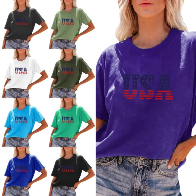 Women's Independence Day Print Short Sleeve T Shirt USA Monogram Flag TOPS