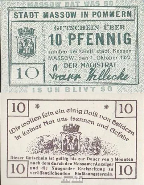 Banknoten Massow 1920 Notgeld: 10 Pf Notgeldschein der Stadt Massow bankfrisch