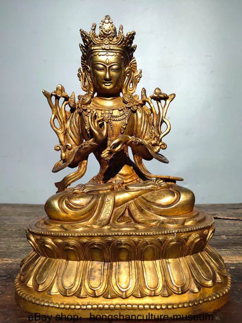 10.2 " Old Tibet Buddhism Copper Gilt 7 eyes White Tara Buddha Lotus Statue