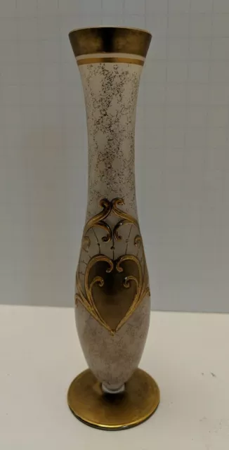 Vintage Bohemian Czech Glass Gold Enameled Bud Vase 7" Tall Czechoslovakia