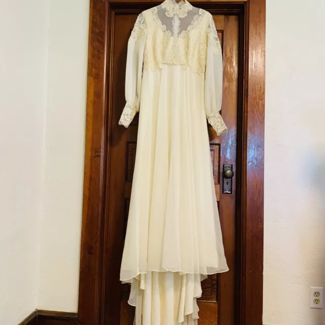 Vtg 70s Boho Wedding Dress M Ivory Long Sleeve High Sheer Neck Appliqué READ