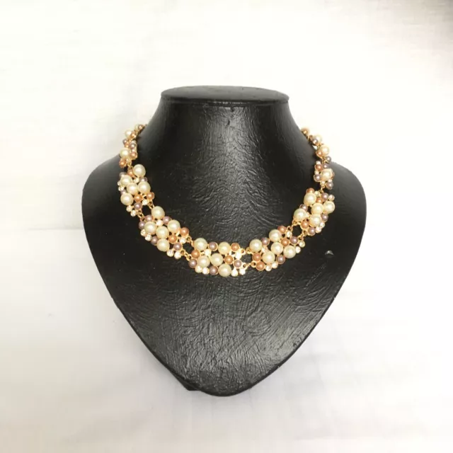 Vintage Style Collar Faux Pearl & Crystal Gold Tone Necklace