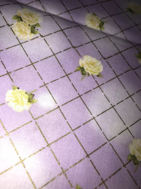 Yellow Floral On Purple W Gold Lattice Cotton Fabric - FQ Fat Or Continuous Cut