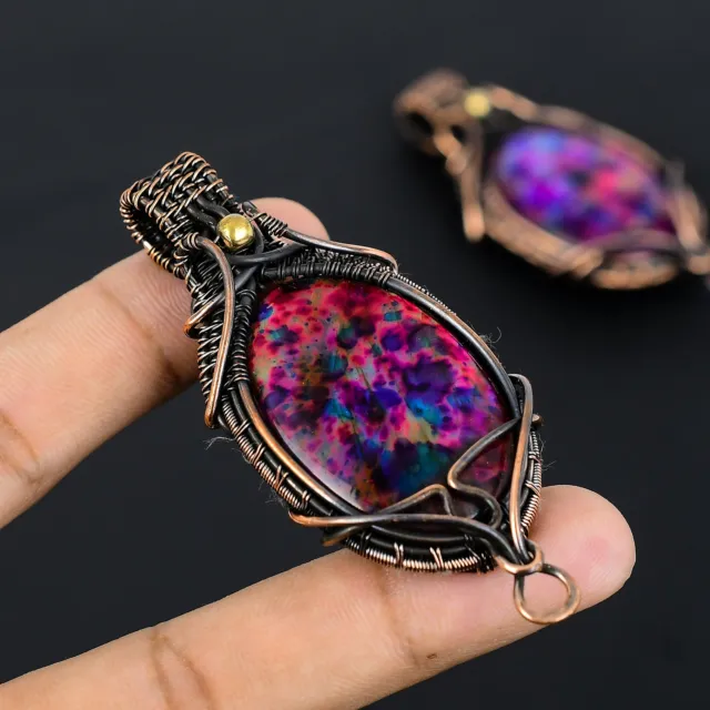 Multi Labradorite Gemstone Handmade Copper Wire Wrapped Pendant Jewelry 3"