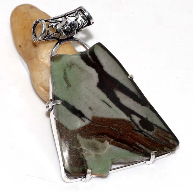 925 Silver Plated-Natural Rough Picasso Jasper Ethnic Pendant Jewelry 2.3" JW