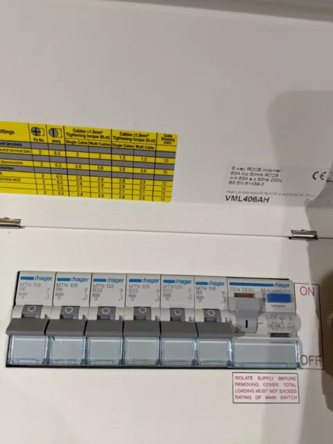 Hager VML406AH 6 Way 63A 30mA Type A RCD Incomer + 6 MCBs Metal Consumer Unit