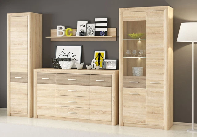 WOHNWAND ANBAUWAND SCHRANKWAND 4-teilig Sonoma Eiche hell Trüffel MDF ...