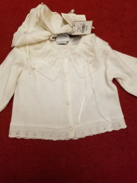 Vintage Knitted Baby unisex White Cardigan Sweater Cap Booties 6 to 9 months New