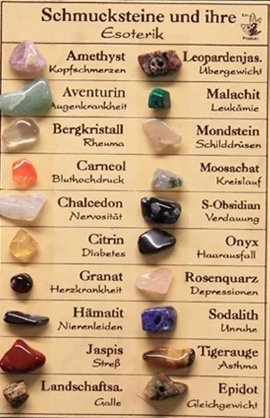 Schmucksteine und ihre Esoterik - Tafel mit 20 Mineralien