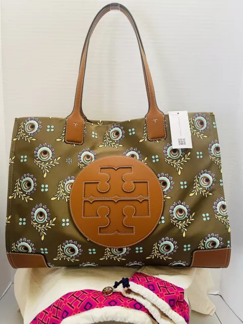 Tory Burch Ella Olive Modernist Bloom Nylon Natural Leather Large Tote Bag NWT