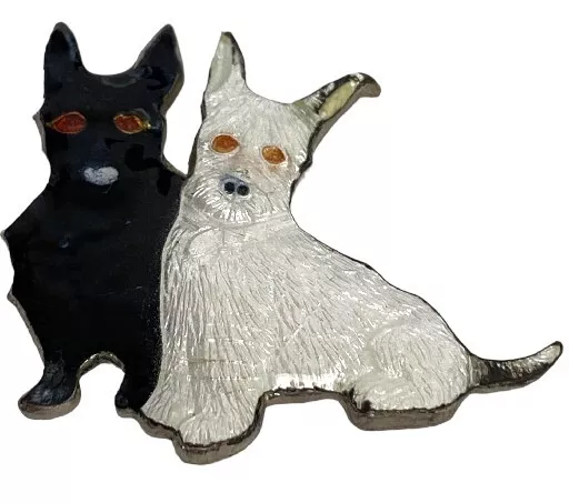 Cute Black & White Scottish Terrier Scotty Westie Dogs Enamel Vintage Brooch Pin