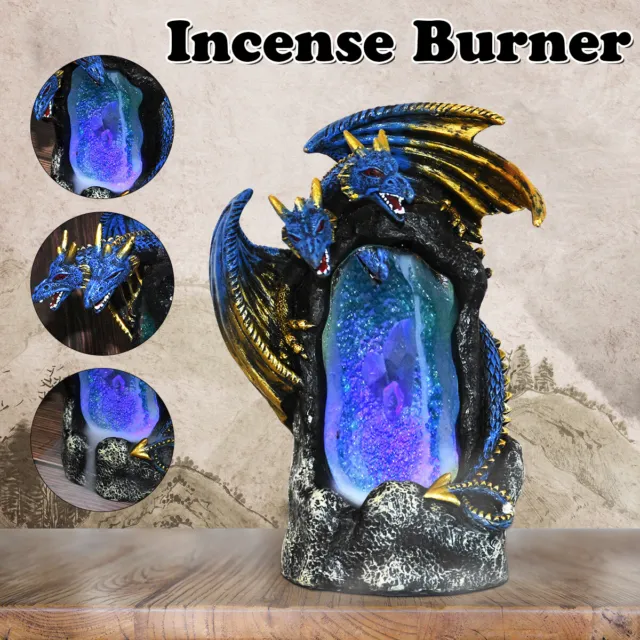 Dragon Backflow Incense Cone Burner Holder w/ LED Polyresin Waterfall Smoke Gift