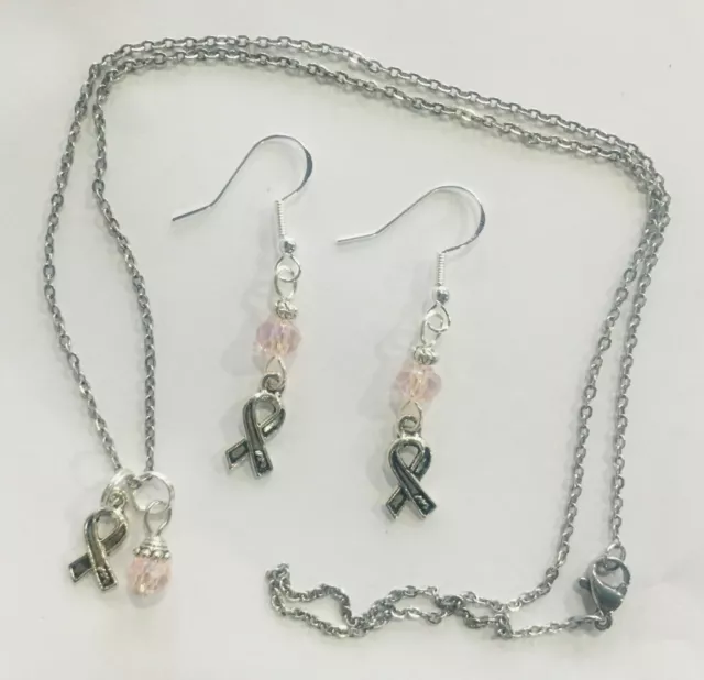 Pink Ribbon Breast Cancer Awareness Necklace & Earring Set FREE SHIPPING