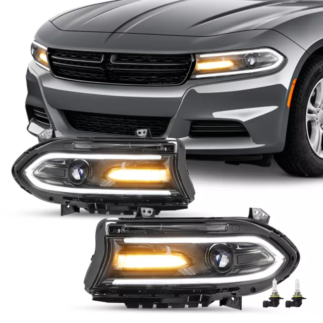 For 2015-2022 Dodge Charger Halogen LED DRL Projector Headlights Headlamps Pair