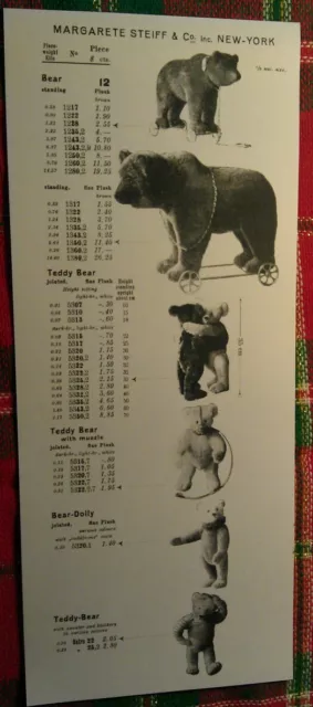NEW c1910 Steiff & Co. NY. Teddy Bear Catalogue Price Weight Stock# Photo Poster