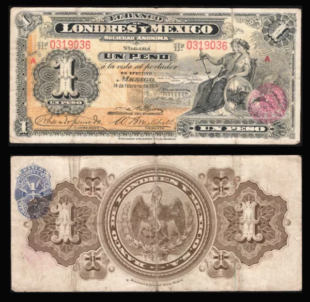 Mexico, 1 Peso El Banco de Londres y Mexico , M279a. 2-14-1914. #0319036. VG+