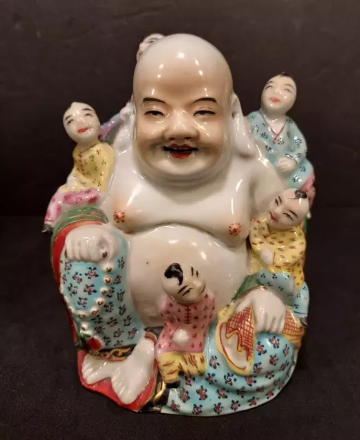 Chinese Porcelain Vintage Laughing Buddha with 5 Children Famille Signed 5" Tall