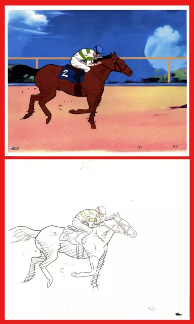 Original GOLDEN BOY Anime Animation Cel/Drawing - Race Horse/Jockey + printed BG