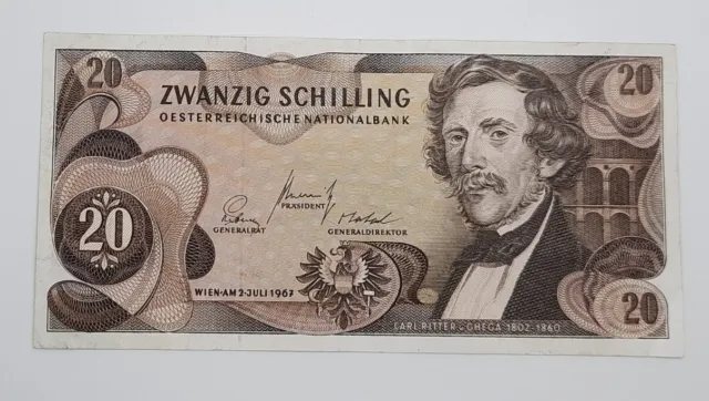 1967 - Austria, Austrian National Bank - 20 Schilling Banknote, No. K 9536201 I