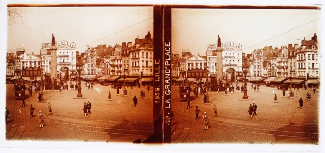 FRANCE Lille La Grand'Place c1930 Photo Stereo Glass Plate Vintage  2