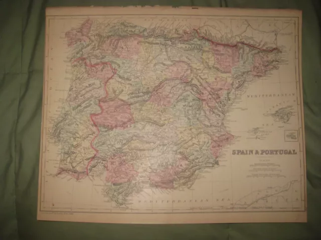 Superb Antique 1884 Spain Portugal Handcolored Map Majorca Minorca Islands Nr