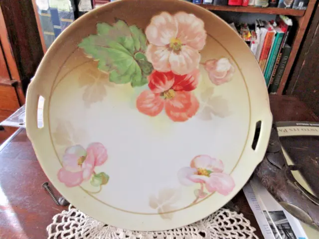 R.S. Germany Fine Porcelain Floral Plate 8" HAND PAINTED Pierced Handles