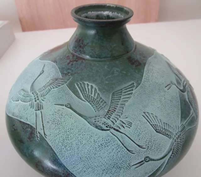 TOYO Japanese  Squat Vase High Relief "Flying Cranes" 5" High  7" Diameter