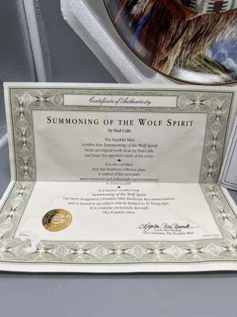 Franklin Mint Heirloom Summoning Of The Wolf Spirit By P Calle  8” Plate w/ COA 3