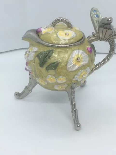 Teapot Shaped Enameled Music Box With Flowers And Dragonfly Handle...Working