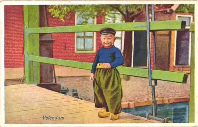 An Adorable Dutch Little Boy by The Bridge In Volendam, Netherlands Postcard