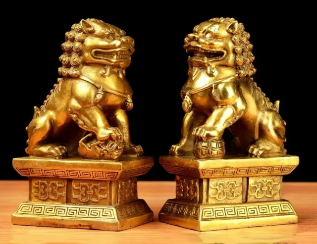 Pair Feng Shui Chinese Bronze Lion Statue Copper Evil Guardian Door Fu Foo Dog