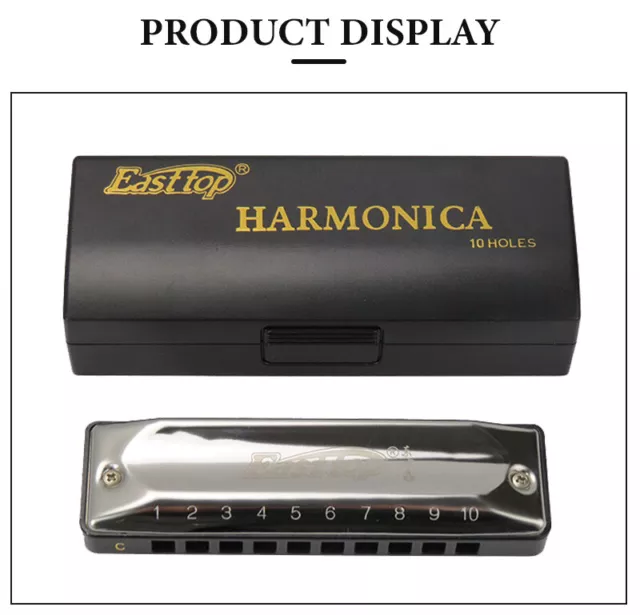 EASTTOP 10 Holes Diatonic Blues Harmonica Key of C Harp Mouth Organ Harmonica