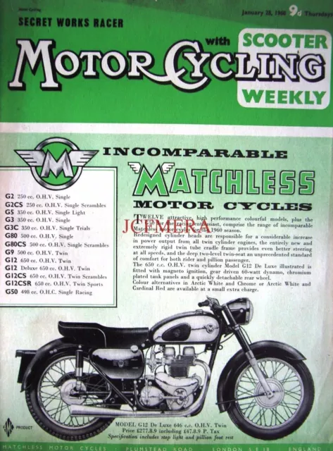 Jan 28 1960 MATCHLESS 'Model G12'  Motor Cycle ADVERT - Magazine Cover Print