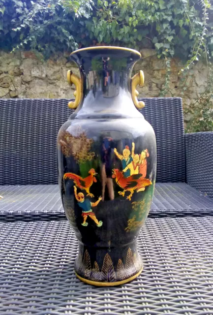 37cm vintage vase chinois asiatique ceramique noir avc scene d'enfant peint main